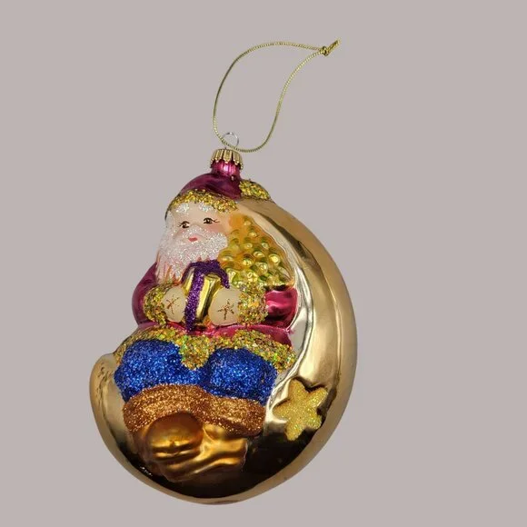Vintage Hand Blown Glass Christmas Ornament Santa Claus On Moon Holiday Decor - Picture 6 of 7